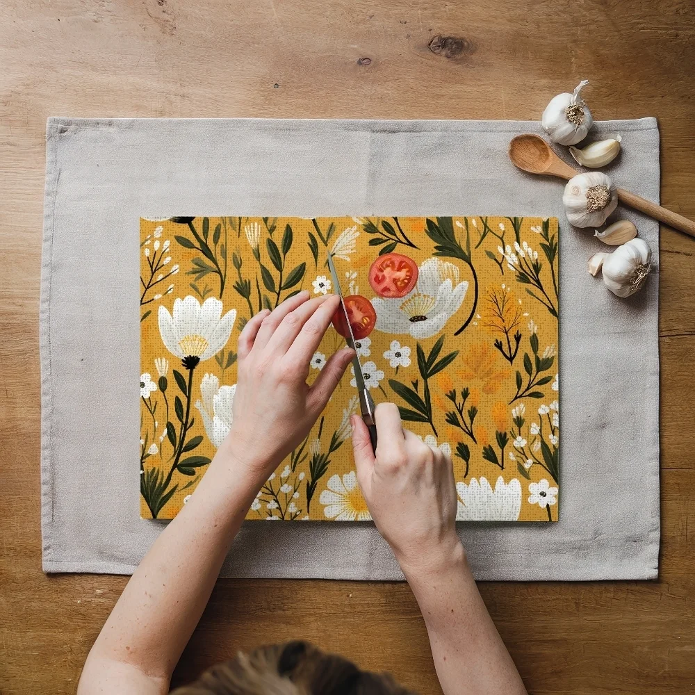 Floral Cutting Board with White and Green Design Yellow Background 11in X 8in